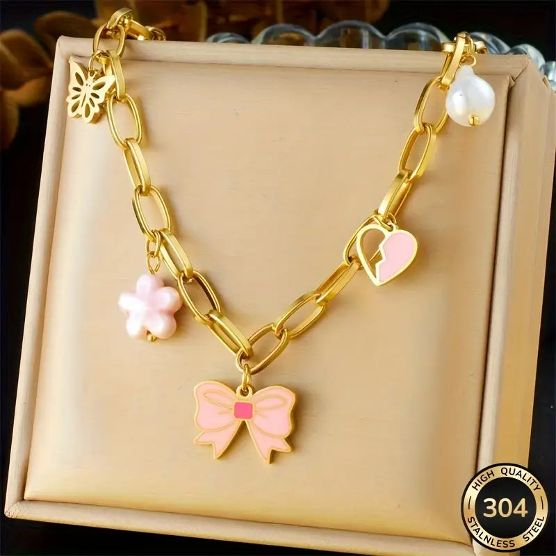 Golden Grace: Bow Pendant Necklace with Heart and Flower Charms